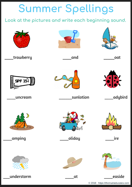 Summer Spelling: Missing letters worksheet 1 - The Mum Educates