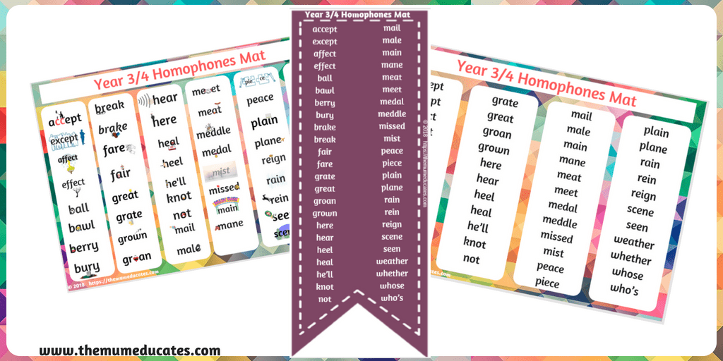 Year 3/4 Homophones Flashcards, Wordmat, Bookmarks & Worksheets