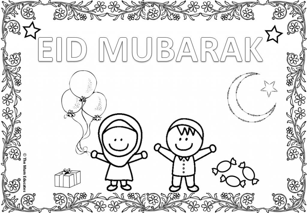 Eid colouring page with the Arabic greeting