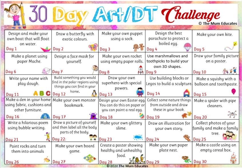 30Day Art/DT Challenge for kids Activities + Free