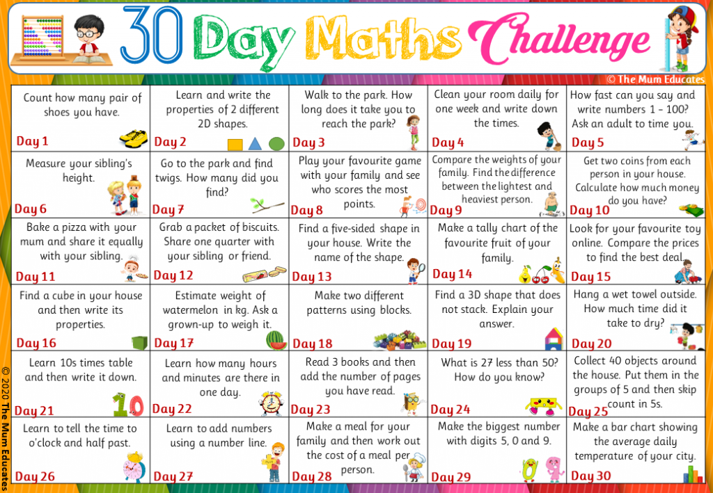 30-day Kids Maths Challenge - Free Printable - The Mum Educates