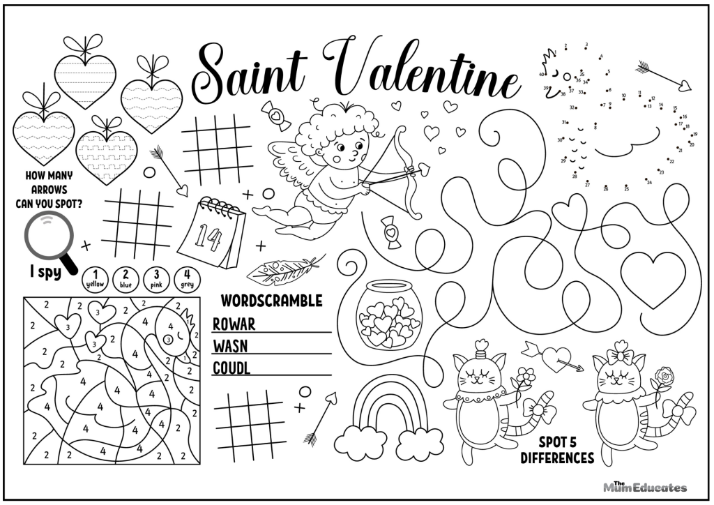 Valentine's Day Activity Mat - Valentine's day colouring pages