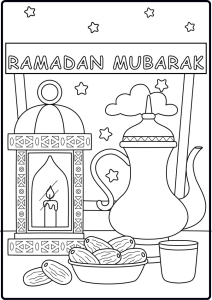 Ramadan Mubarak coloring page dates and lanterns