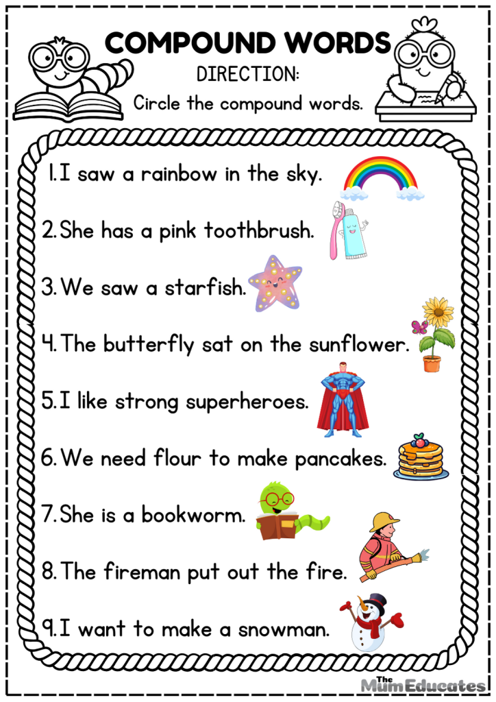 Compound words List and worksheet