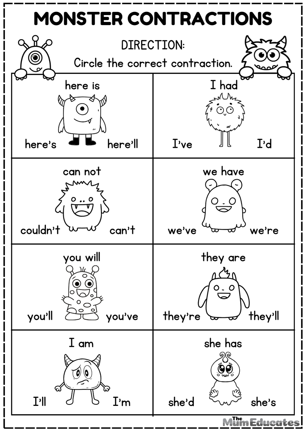 Contractions in Grammar Worksheets - FREE - The Mum Educates