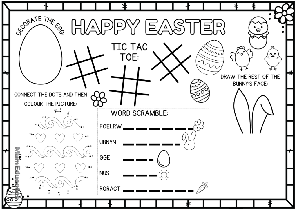 Easter Activities Placemat | Word scramble | join the dots | Easter Coloring Page