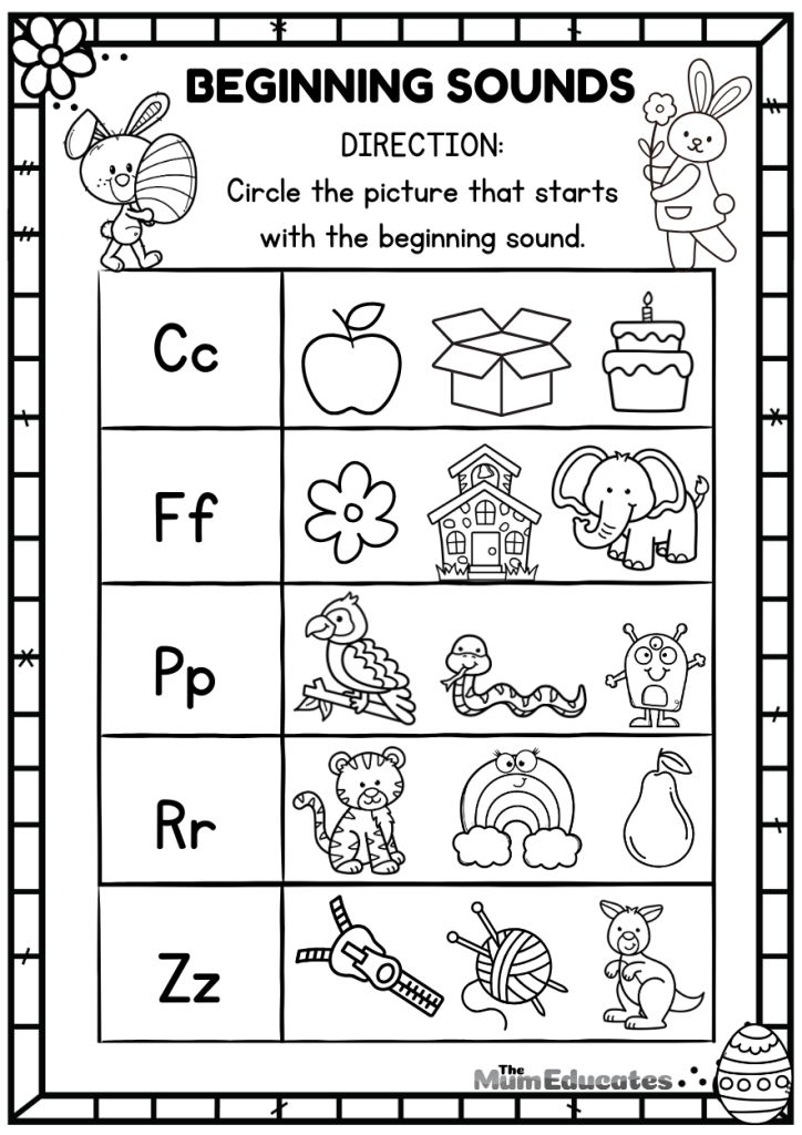 Beginning sounds Preschool Easter worksheets