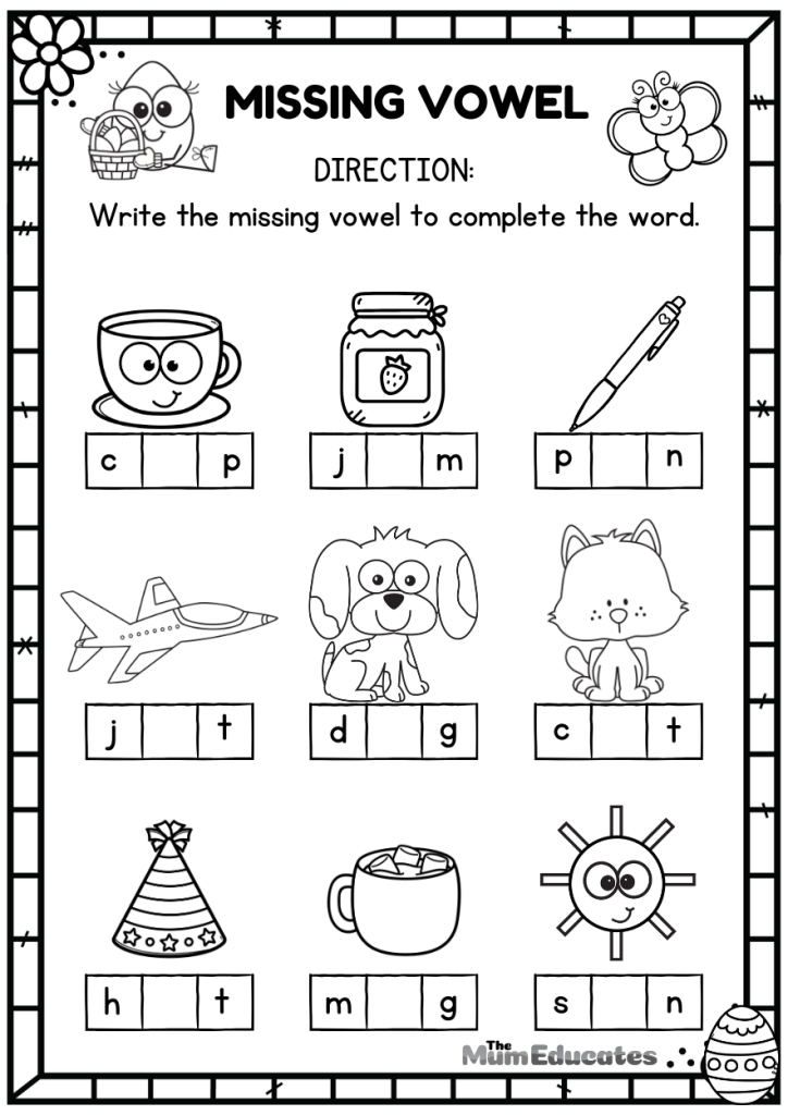 Preschool Easter worksheets | Phonics Missing vowel