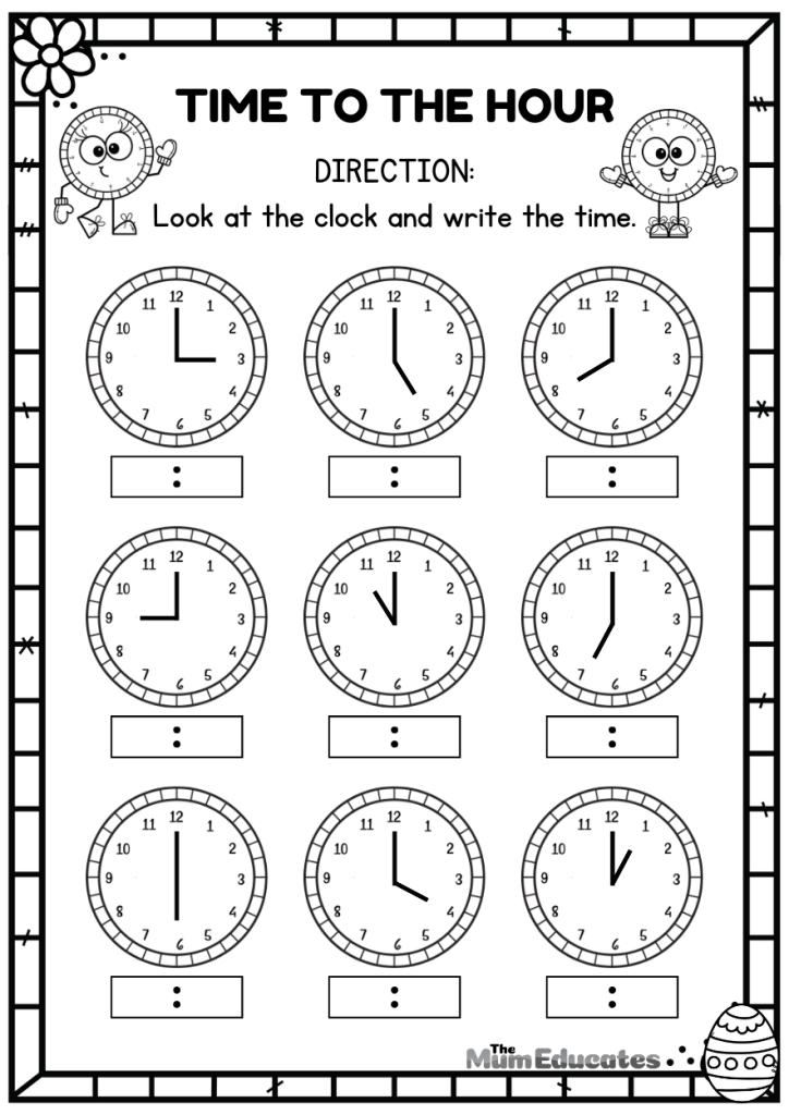 Telling time Preschool Easter worksheets