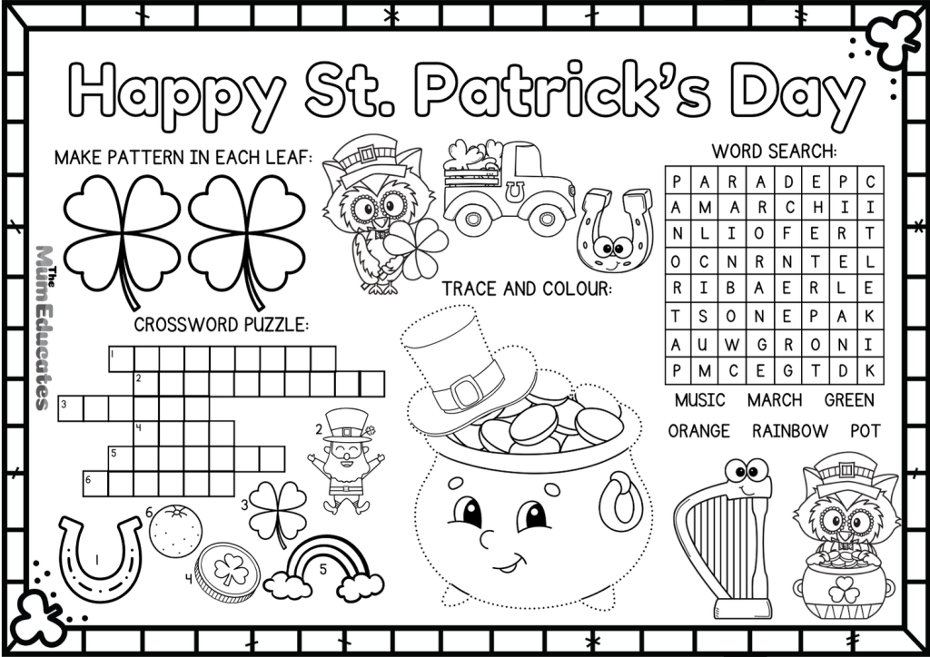 St Patrick's Day Kindergarten Worksheets | Activity placemat | Activity mat